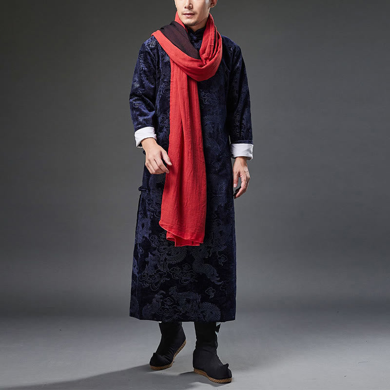 Buddha Stones Vintage Automne Hiver Chinois Grenouille Bouton Tang Costume Hommes Dragon Jacquard Robe Avec Poches - image 7