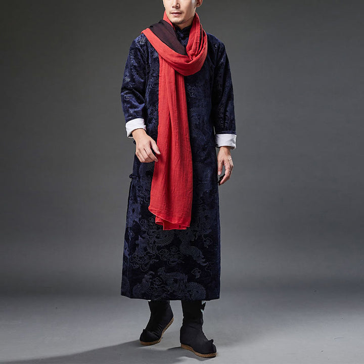 Buddha Stones Vintage Automne Hiver Chinois Grenouille Bouton Tang Costume Hommes Dragon Jacquard Robe Avec Poches - image 7