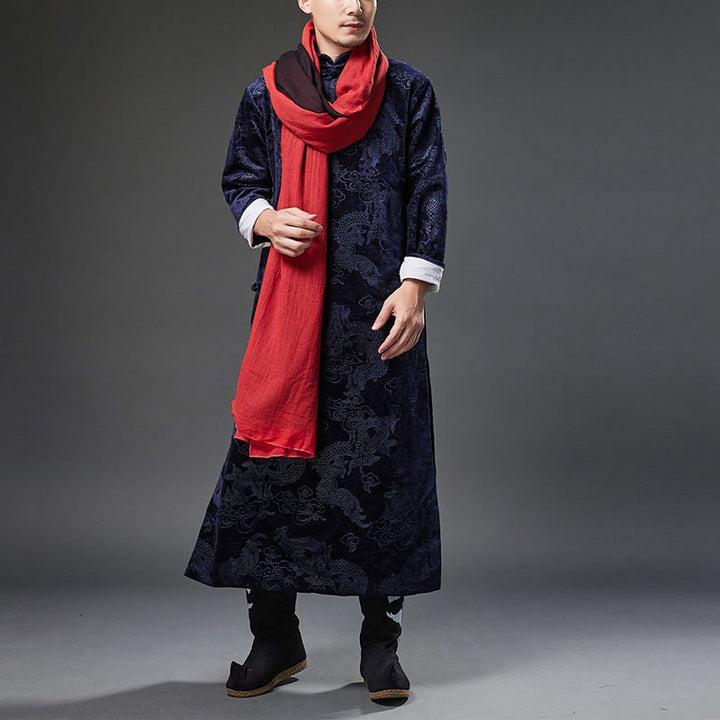 Buddha Stones Vintage Automne Hiver Chinois Grenouille Bouton Tang Costume Hommes Dragon Jacquard Robe Avec Poches