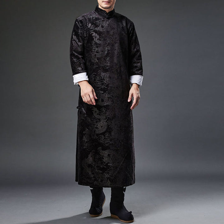 Buddha Stones Vintage Automne Hiver Chinois Grenouille Bouton Tang Costume Hommes Dragon Jacquard Robe Avec Poches - Noir - US/UK/AU38， EU48 (XL) - image 14