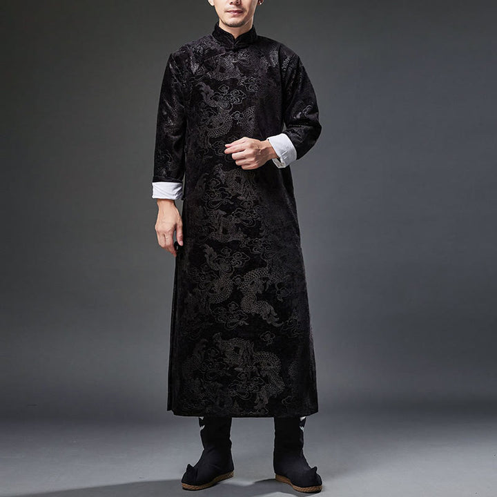 Buddha Stones Vintage Automne Hiver Chinois Grenouille Bouton Tang Costume Hommes Dragon Jacquard Robe Avec Poches