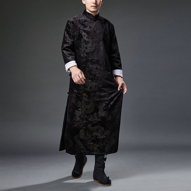 Buddha Stones Vintage Automne Hiver Chinois Grenouille Bouton Tang Costume Hommes Dragon Jacquard Robe Avec Poches