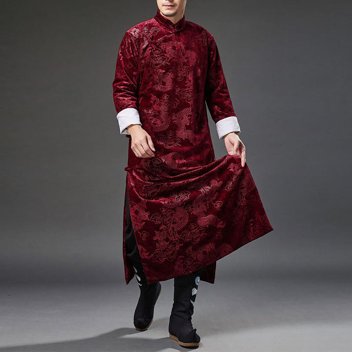 Buddha Stones Vintage Automne Hiver Chinois Grenouille Bouton Tang Costume Hommes Dragon Jacquard Robe Avec Poches