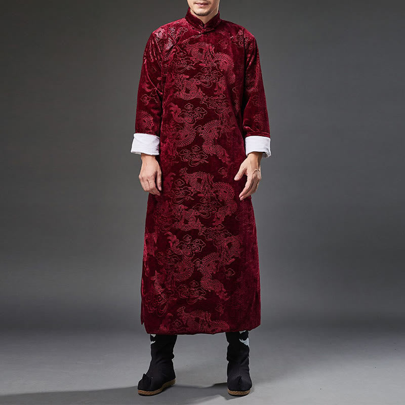 Buddha Stones Vintage Automne Hiver Chinois Grenouille Bouton Tang Costume Hommes Dragon Jacquard Robe Avec Poches - Cramoisi - US/UK/AU38, EU48 (XL) - image 18