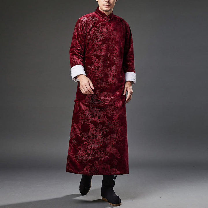 Buddha Stones Vintage Automne Hiver Chinois Grenouille Bouton Tang Costume Hommes Dragon Jacquard Robe Avec Poches