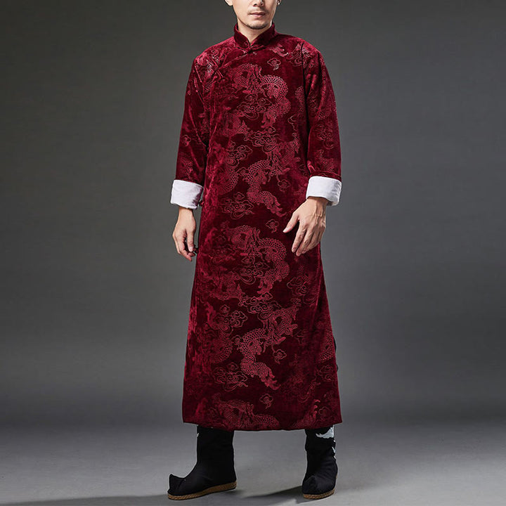 Buddha Stones Vintage Automne Hiver Chinois Grenouille Bouton Tang Costume Hommes Dragon Jacquard Robe Avec Poches