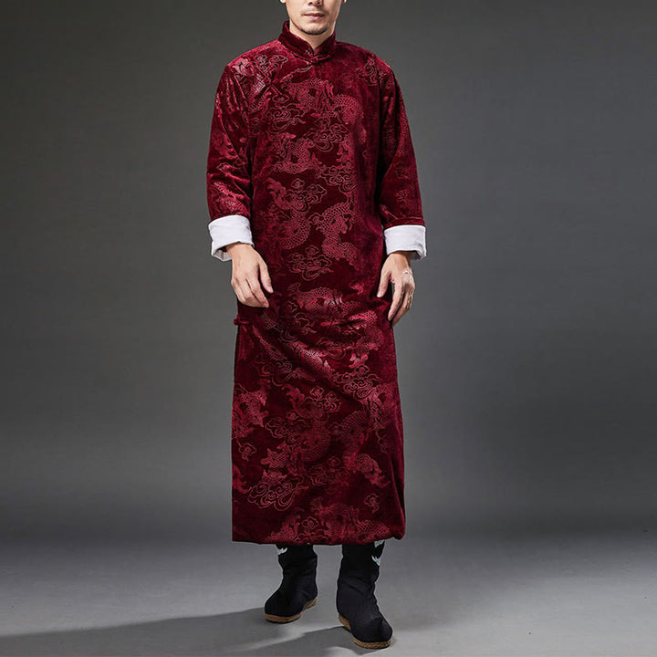 Buddha Stones Vintage Automne Hiver Chinois Grenouille Bouton Tang Costume Hommes Dragon Jacquard Robe Avec Poches - image 24