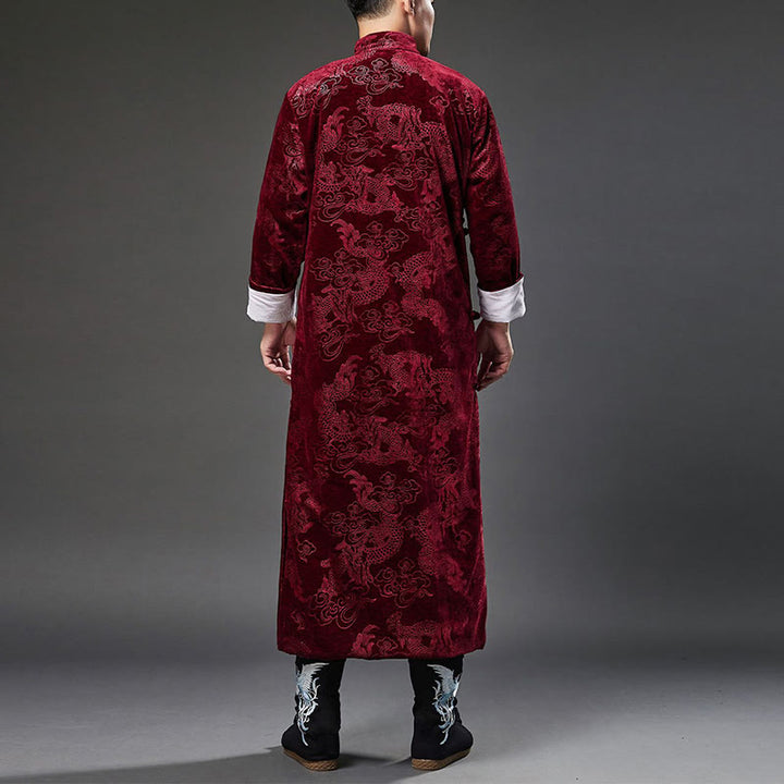 Buddha Stones Vintage Automne Hiver Chinois Grenouille Bouton Tang Costume Hommes Dragon Jacquard Robe Avec Poches