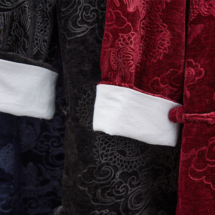 Buddha Stones Vintage Automne Hiver Chinois Grenouille Bouton Tang Costume Hommes Dragon Jacquard Robe Avec Poches