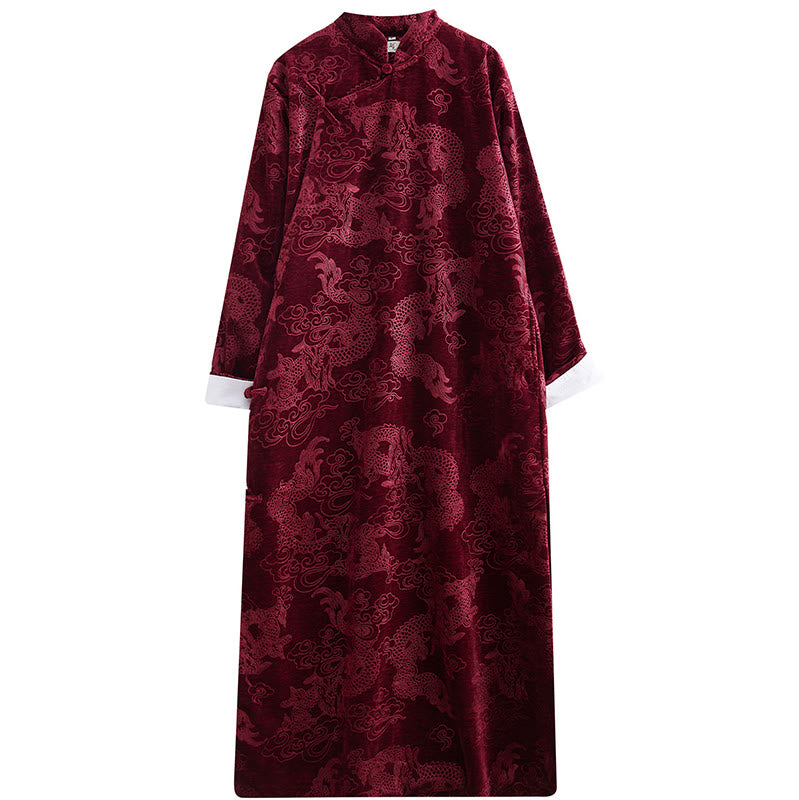 Buddha Stones Vintage Automne Hiver Chinois Grenouille Bouton Tang Costume Hommes Dragon Jacquard Robe Avec Poches