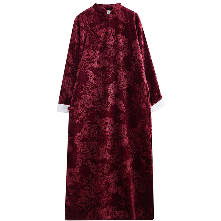 Buddha Stones Vintage Automne Hiver Chinois Grenouille Bouton Tang Costume Hommes Dragon Jacquard Robe Avec Poches