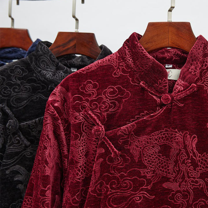 Buddha Stones Vintage Automne Hiver Chinois Grenouille Bouton Tang Costume Hommes Dragon Jacquard Robe Avec Poches - image 26