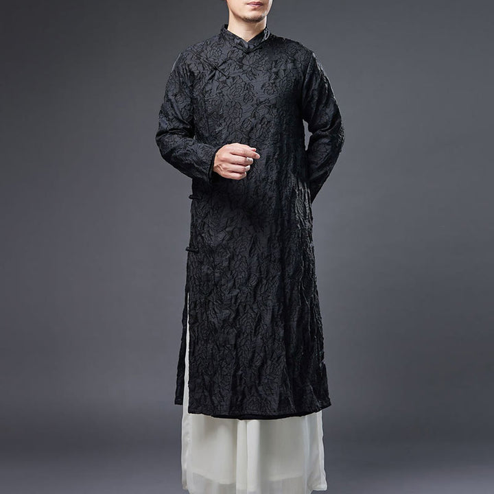 Robe de costume Tang pour homme en coton avec boutons de grenouille chinoise et pivoine et Buddha Stones