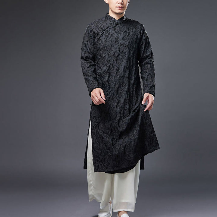 Robe de costume Tang pour homme en coton avec boutons de grenouille chinoise et pivoine et Buddha Stones
