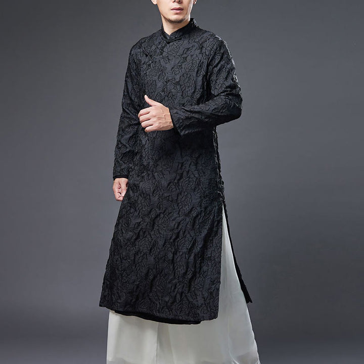 Robe de costume Tang pour homme en coton avec boutons de grenouille chinoise et pivoine et Buddha Stones