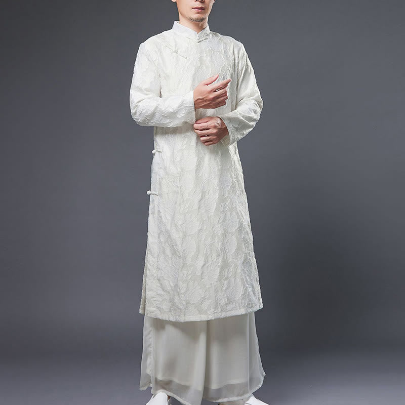 Robe de costume Tang pour homme en coton avec boutons de grenouille chinoise et pivoine et Buddha Stones