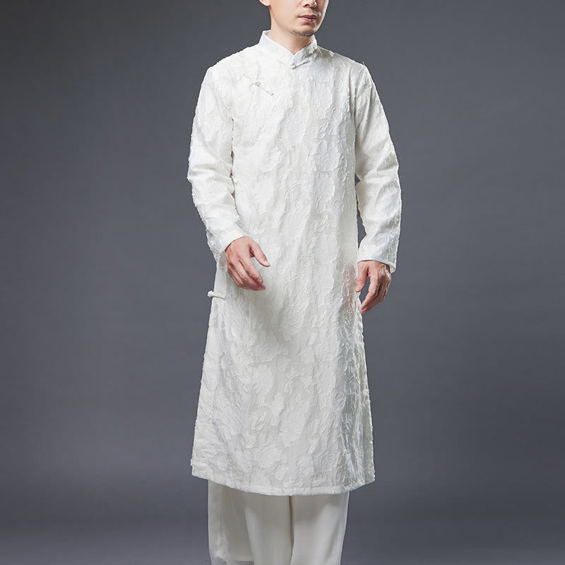 Robe de costume Tang pour homme en coton avec boutons de grenouille chinoise et pivoine et Buddha Stones