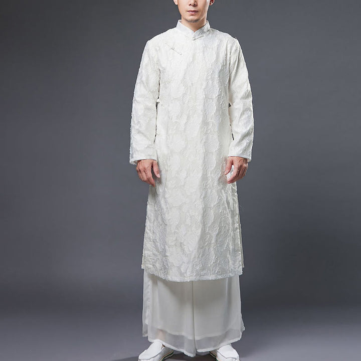 Robe de costume Tang pour homme en coton avec boutons de grenouille chinoise et pivoine et Buddha Stones