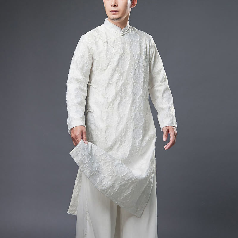 Robe de costume Tang pour homme en coton avec boutons de grenouille chinoise et pivoine et Buddha Stones