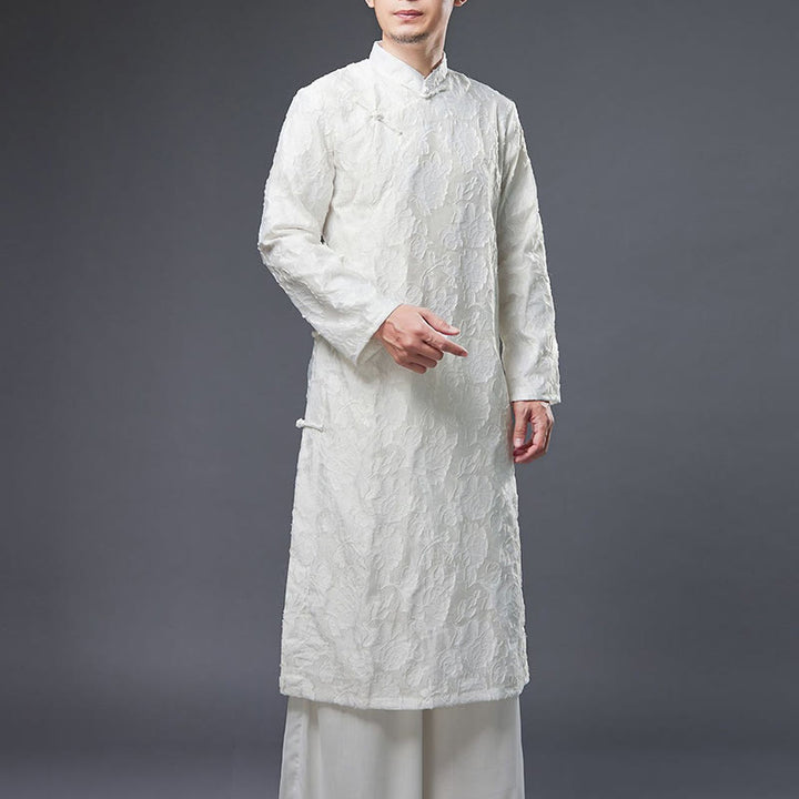 Robe de costume Tang pour homme en coton avec boutons de grenouille chinoise et pivoine et Buddha Stones