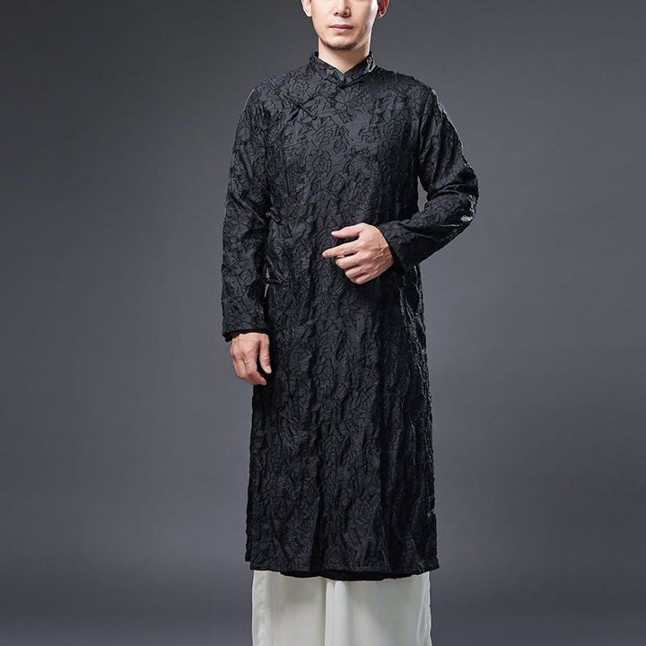 Robe de costume Tang pour homme en coton avec boutons de grenouille chinoise et pivoine et Buddha Stones