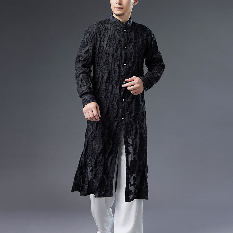 Manteau boutonné en coton pour homme avec Buddha Stones et fleurs de pivoine