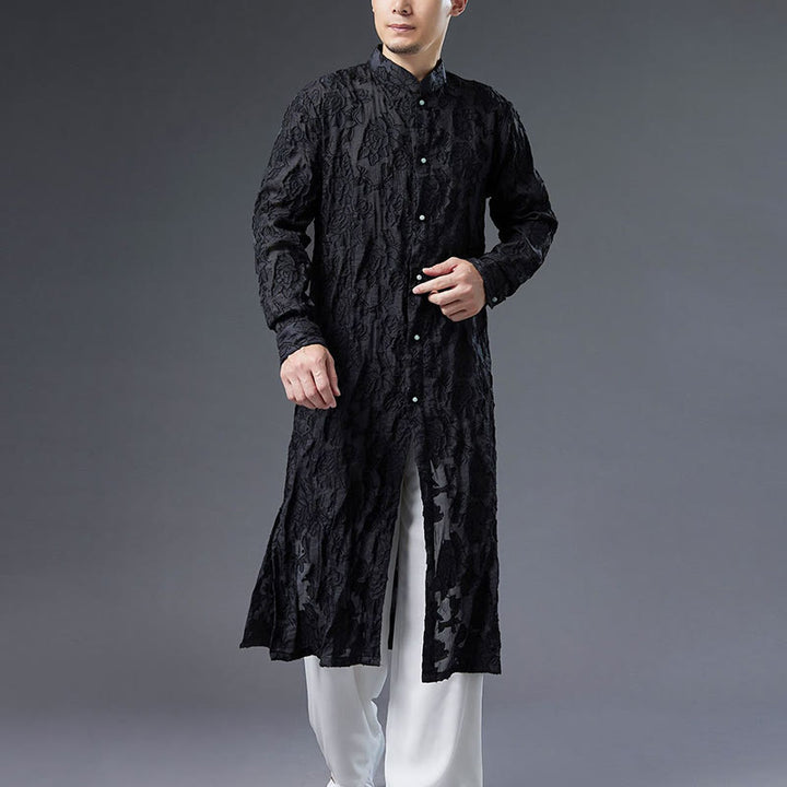 Manteau boutonné en coton pour homme avec Buddha Stones et fleurs de pivoine