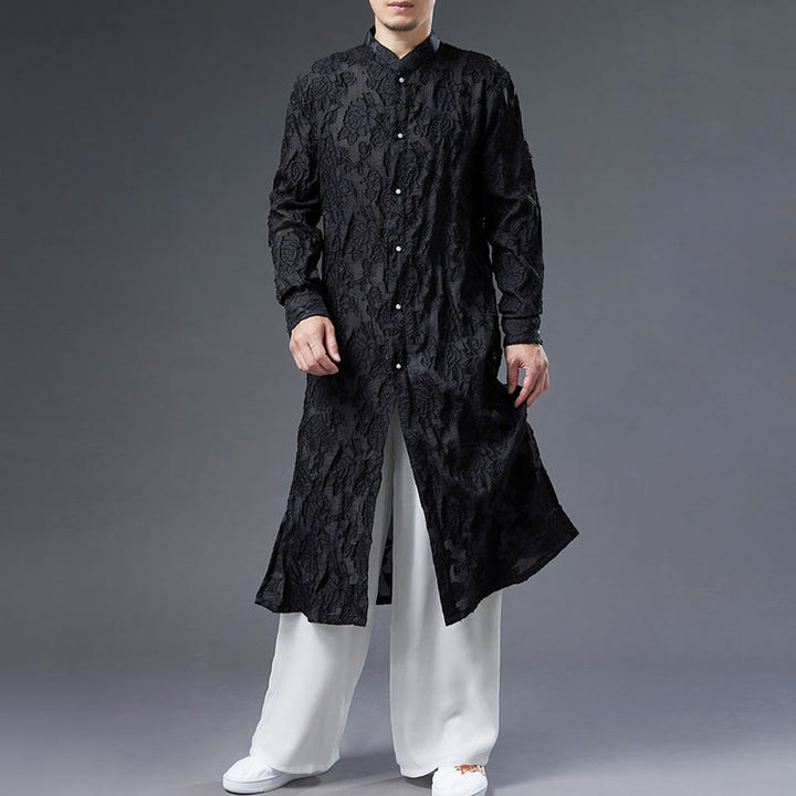 Manteau boutonné en coton pour homme avec Buddha Stones et fleurs de pivoine