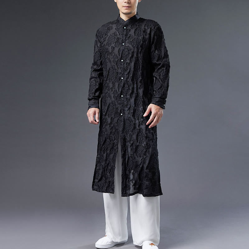 Manteau boutonné en coton pour homme avec Buddha Stones et fleurs de pivoine