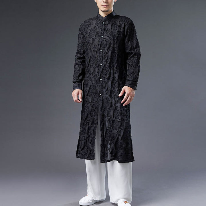 Manteau boutonné en coton pour homme avec Buddha Stones et fleurs de pivoine