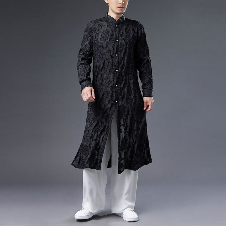 Manteau boutonné en coton pour homme avec Buddha Stones et fleurs de pivoine