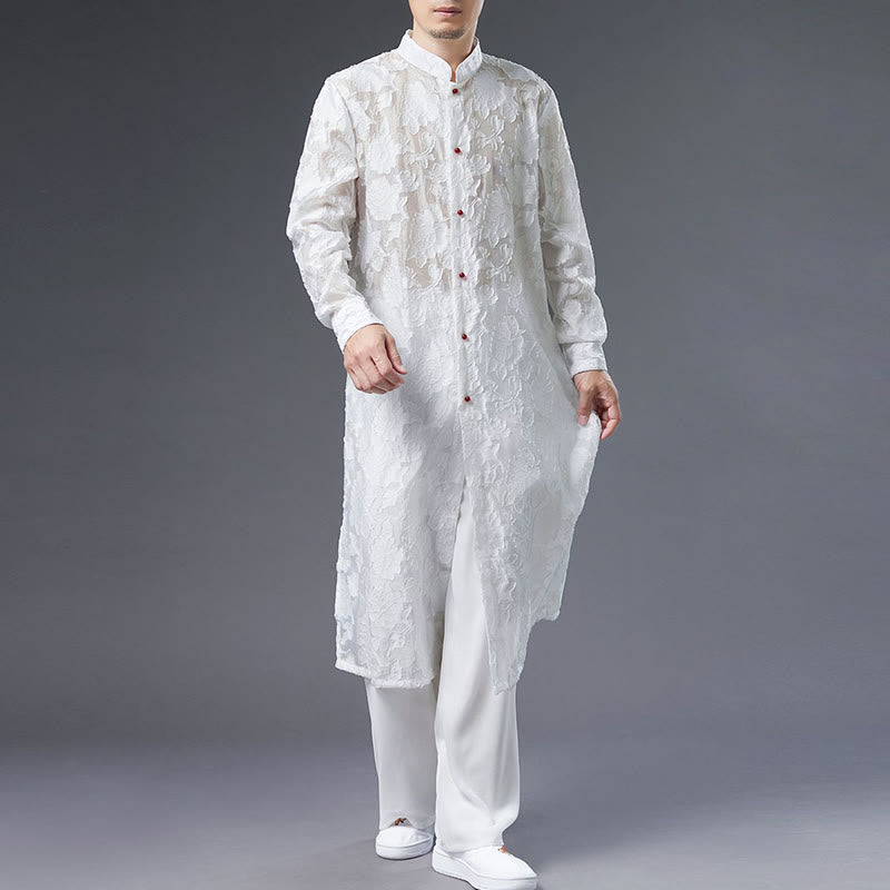 Manteau boutonné en coton pour homme avec Buddha Stones et fleurs de pivoine