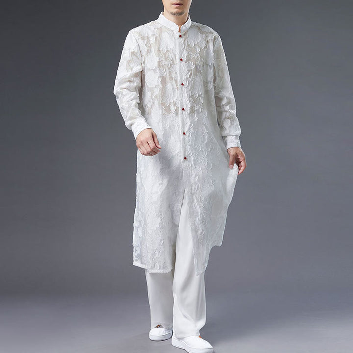 Manteau boutonné en coton pour homme avec Buddha Stones et fleurs de pivoine