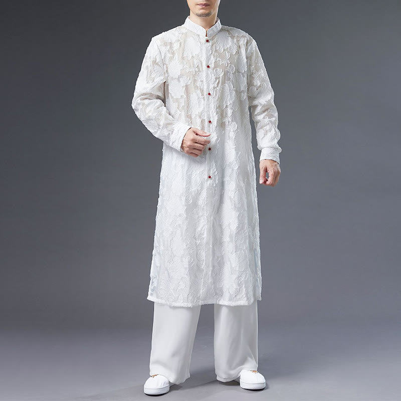 Manteau boutonné en coton pour homme avec Buddha Stones et fleurs de pivoine