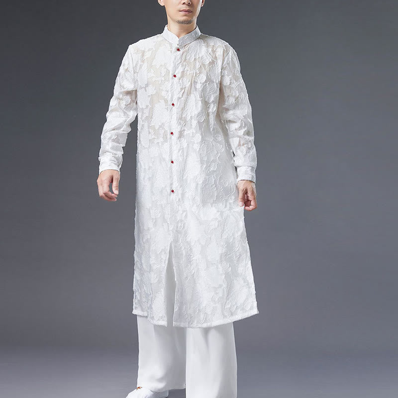Manteau boutonné en coton pour homme avec Buddha Stones et fleurs de pivoine