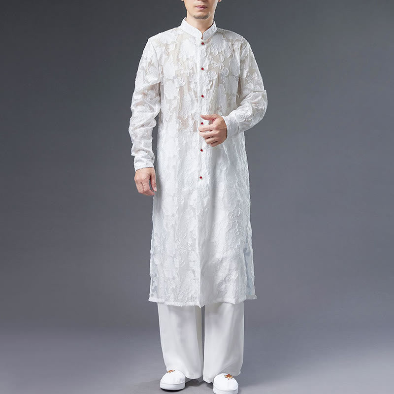 Manteau boutonné en coton pour homme avec Buddha Stones et fleurs de pivoine