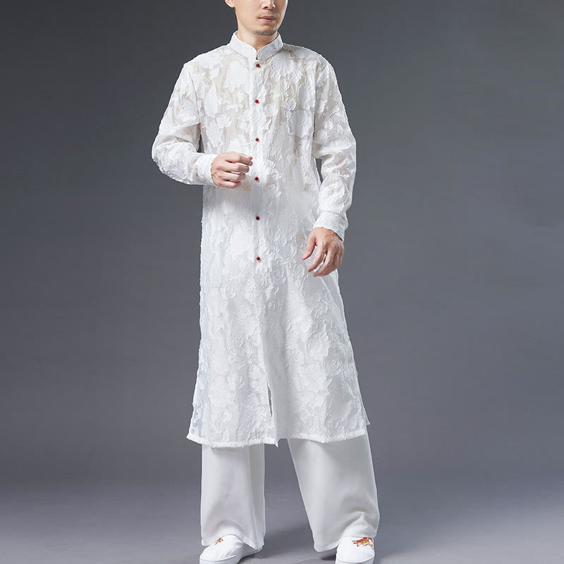 Manteau boutonné en coton pour homme avec Buddha Stones et fleurs de pivoine