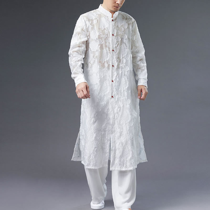 Manteau boutonné en coton pour homme avec Buddha Stones et fleurs de pivoine