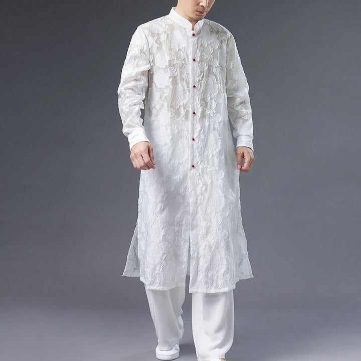 Manteau boutonné en coton pour homme avec Buddha Stones et fleurs de pivoine
