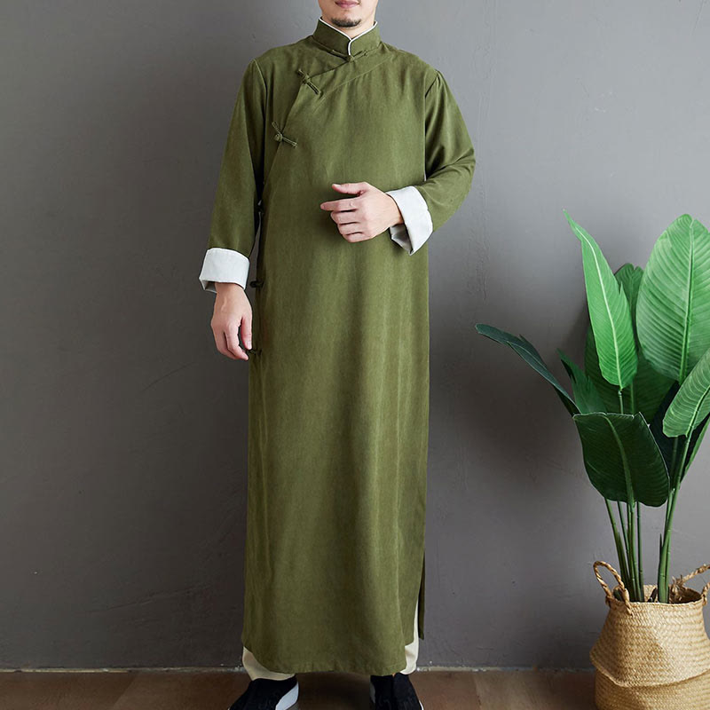 Robe de costume Tang chinoise en coton à boutons de grenouille pour homme, couleur unie, motif de Buddha Stones - Vert olive - US/UK/AU38， EU48 (XL) - image 0