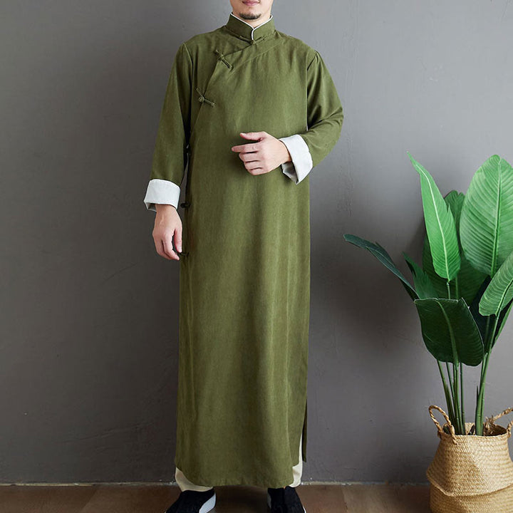 Robe de costume Tang chinoise en coton à boutons de grenouille pour homme, couleur unie, motif de Buddha Stones - Vert olive - US/UK/AU38， EU48 (XL) - image 0