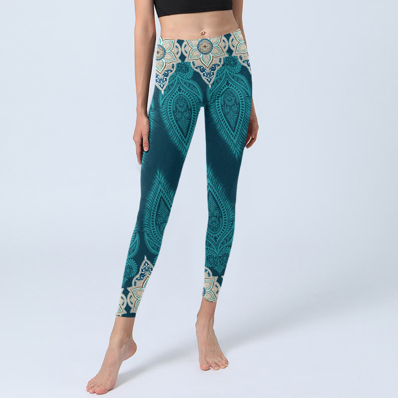 Leggings de fitness et de gym à imprimé fleurs et plumes vertes Buddha Stones Pantalon de yoga pour femme - image 5