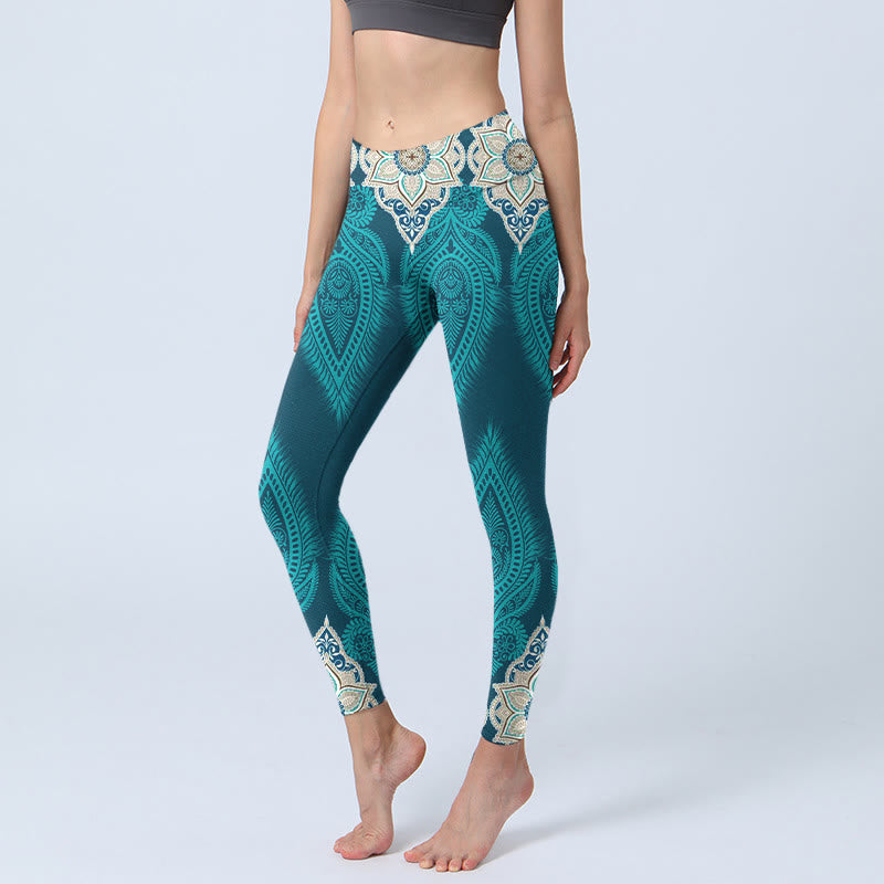 Leggings de fitness et de gym à imprimé fleurs et plumes vertes Buddha Stones Pantalon de yoga pour femme - CadetBlue - US18，UK/AU22，EU50 (4XL) - image 0