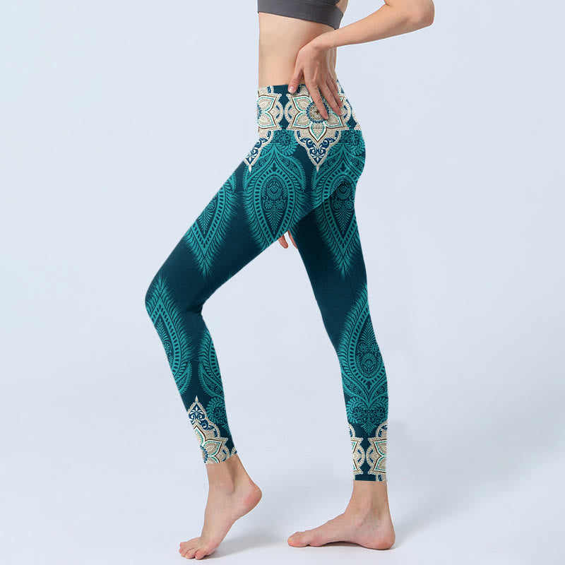 Leggings de fitness et de gym à imprimé fleurs et plumes vertes Buddha Stones Pantalon de yoga pour femme - image 3
