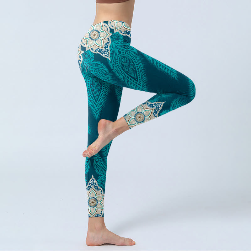 Leggings de fitness et de gym à imprimé fleurs et plumes vertes Buddha Stones Pantalon de yoga pour femme - image 3