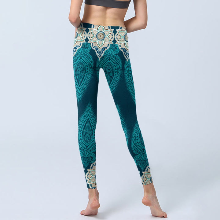 Leggings de fitness et de gym à imprimé fleurs et plumes vertes Buddha Stones Pantalon de yoga pour femme - image 6