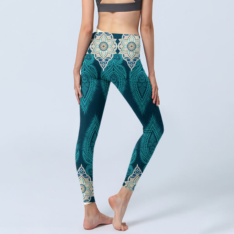 Leggings de fitness et de gym à imprimé fleurs et plumes vertes Buddha Stones Pantalon de yoga pour femme - image 4