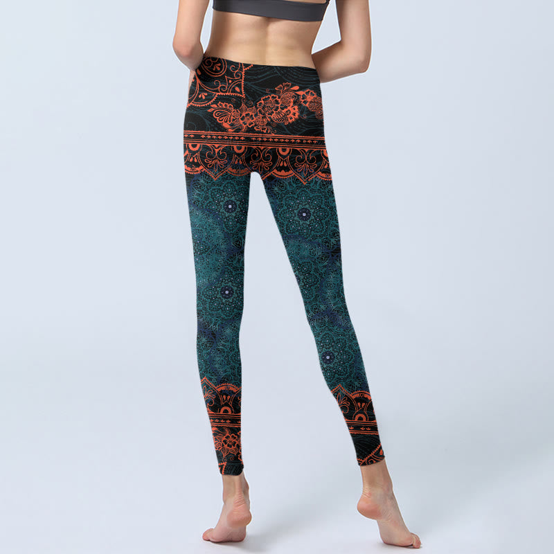 Leggings de fitness et de gym à imprimé floral mandala vert Buddha Stones Pantalon de yoga pour femme