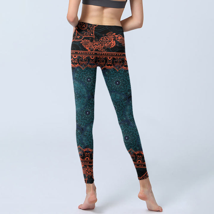 Leggings de fitness et de gym à imprimé floral mandala vert Buddha Stones Pantalon de yoga pour femme