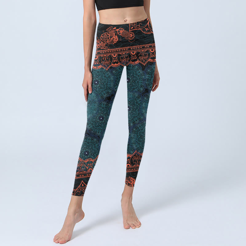 Leggings de fitness et de gym à imprimé floral mandala vert Buddha Stones Pantalon de yoga pour femme